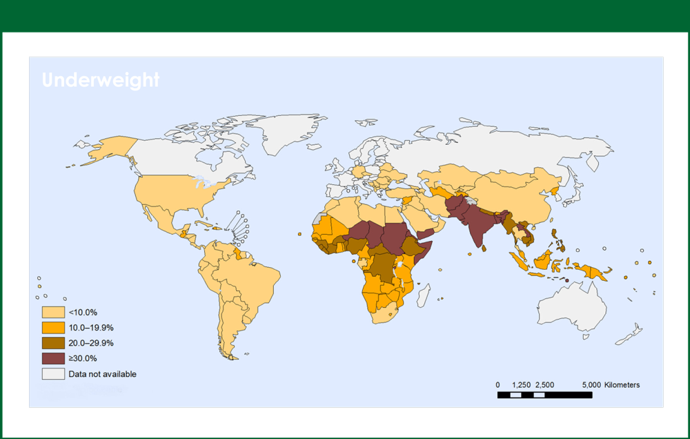 Figure 3: Latest country prevalence estimates for underweight among children under-five years of age